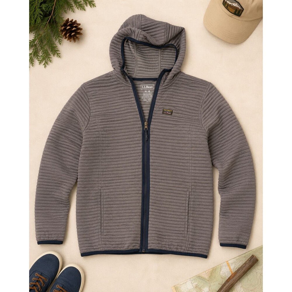 L.L.Bean Kids XL 18 Gray Ribbed‎ Full Zip Hooded Jacket Navy Trim 509341
